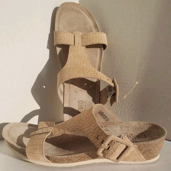 Munro Sandals Womens 9.5W Ronda TStrap Cork Wedge Slide Tan Leather Gator Print - Picture 2 of 12